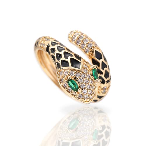 Jean Beau Cute Snake Adjustable Open Gold Ring for Women - Sparkly Vintage Wrap Stacking Animal Green Enamel Eye Fashion Statement Love Promise Costume Finger Cocktail Party Jewelry Gift