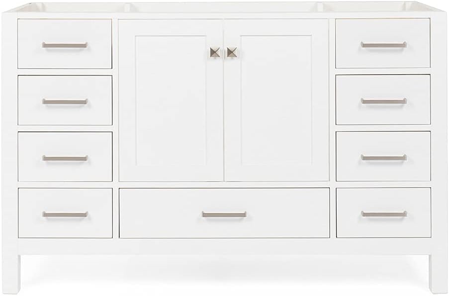 ARIEL 54" White Bathroom Vanity Base Cabinet, Single Sink Configuration, 2 Soft Closing Doors, 9 Full Extension Dovetail Drawers, Brushed Nickel