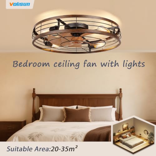 Image of VOLISUN 27.6'' Caged Ceiling Fan with Light and Remote,Rustic Low Profile Ceiling Fan with Light Flush Mount, Farmhouse Bladeless Fandelier Ceiling Fans with Lights for Kitchen,Bedroom-Gold