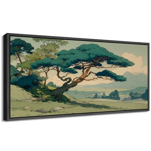 Image of MUDECOR Extra Large Framed Canvas Print Wall Art Vintage Japanese Pine Tree Landscape Oriental Antique Retro Ready to Hang Painting for Living Room Bedroom Multi-Sizes - 60 inchx30 inch