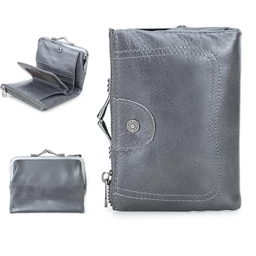 CONTACTS Full Grain Leather Kiss Lock Wallet for Women Kiss Clasp Coin Purse Vintage Small Bifold Wallet with Rfid Blocking (Grey)