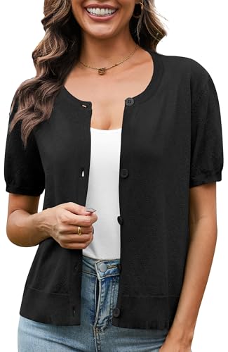 VIISHOW Women's Summer Lightweight Short Sleeve Cardigan Crochet Knit Shrug Open Front Crew Neck Button Up Casual Tops