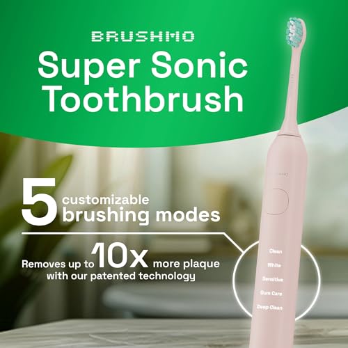 Brushmo Super Sonic Electric Toothbrush with 4 Replacement Heads - Rechargeable Electronic Tooth Brush for Adults with 5 Customizable Modes - IPX7 Waterproof & Long-Lasting Battery – Nova Pink - Image 3