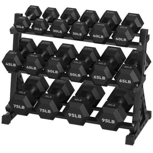 HANDBODE Rubber Coated Hex Dumbbell Set with Rack, 840 lb (20-95 lb)