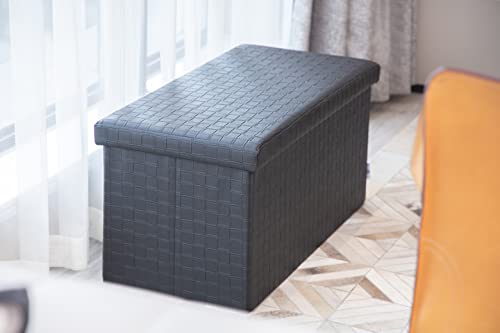 Pinplus Black Folding Storage Ottoman, Upholstered Footrest Seat, Long Shoes Bench Faux Leather Ottoman With Storage, Large Toy Chest With Cover Lid For Living Room Bedroom Entryway, 30"X 15"X 15" #TOP1