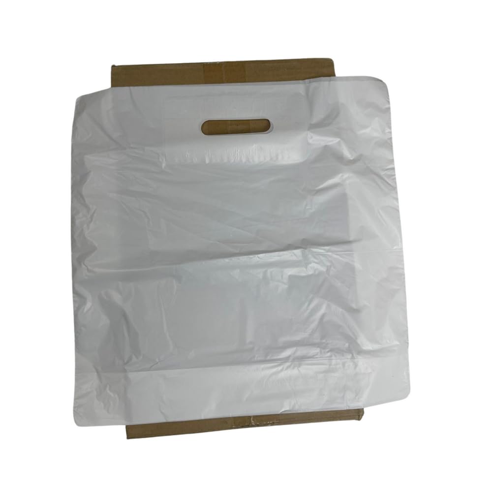 14" x 14" White Patch Handle Plastic Carrier Bags – Strong Retail Bags for Shops, Boutiques & Gifts – Tear-Resistant with Reinforced Handles – Reusable & Durable – Available in Bulk Packs