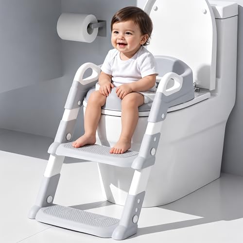 Image of KidDough Potty Training Seat with Ladder, Splash Guard, Handle and Cushion Seat, Polypropylene, Grey, Modern Style, for Kids (Potty Seat with Ladder, Grey)
