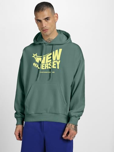 Image of Veirdo Polycotton Spun Oversized Fit Hooded Sweatshirt Full Sleeves Front Chest Graphic Printed Drop Shoulder Jumper Hoodie for Men (Colors: Blue, Black, Gray, Smoke Pine & Peach)