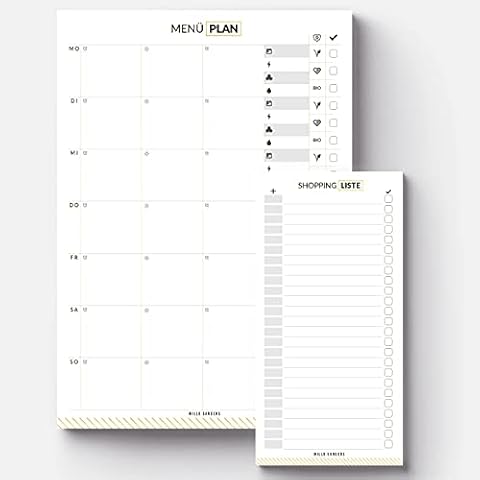Mille Sanders® Essensplaner & Einkaufsliste, 2er Set, DIN A4 + DIN Lang, Essen Planer mit Einkaufszettel, Meal Planner & Shopping Liste je 50 Blatt (Meal Planner + Einkaufsliste) Cover