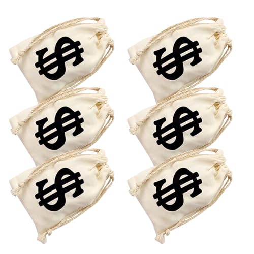 INOOMP 6 Bolsas Cordón de Algodón, 17X24 CM, Signo de Dólar para Fiestas de Cumpleaños y Juegos de Banco Pirata