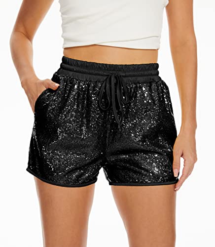 PESION Sequins Rave Shorts for Women High Waist Casual Loose A Line Hot Pants Sparkly Clubwear Night-Out2