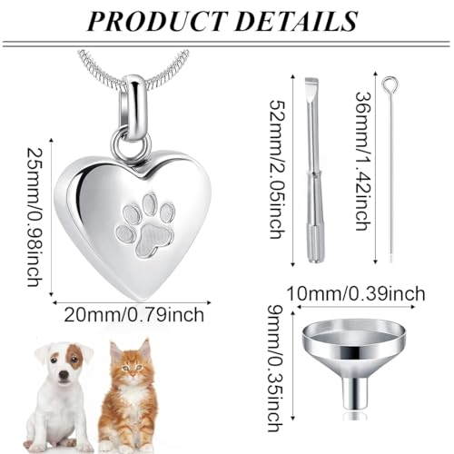VEOIRXU Urne Kette für Asche, Anhänger Pfoten Abdruck Haustier, Herz Urne Halskette, Memorial Andenken Urne Schmuck mit Trichter-Kit für Haustier/Hunde/Katze Asche(Silber)