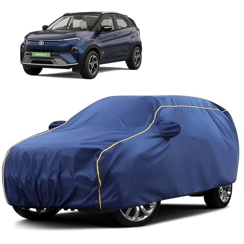 Image of Sulfar 100% Water Resistant Car Body Cover Compatible with Mirror for Tata Nexon EV (Triple Stitched, Full Bottom Elastic, Blue Tafetta with Yellow Piping)