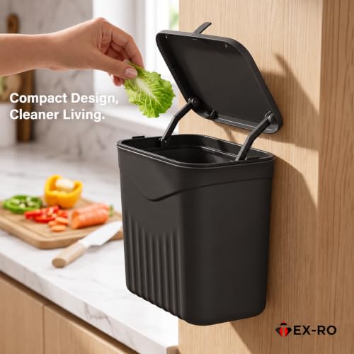 Image of TEX-RO Hanging Dustbin for Kitchen with Lid, 9L Wall Mounted Dustbin for Home with 2-Way Lid Opening, No-Drill Cabinet Door Hanging Trash Can, Plastic Waste Bin for Bathroom Bedroom Office (Black)