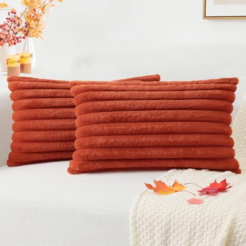 Image of Pallene Faux Fur Plush Fall Throw Pillow Covers 12x20 Set of 2, Luxury Soft Fluffy Striped Decorative Pillow Covers for Sofa, Couch, Living Room, Rust