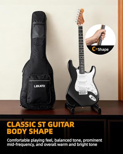 Image of LEKATO Beginner Electric Guitar Kit 39 Inch Full Size Solid Body Guitar SSS for Starter Roasted Maple Neck Stainless Steel Frets, 5w Plug-in Amp, Bag, Tuner, Capo, Strap, Picks, String, Cable - Black