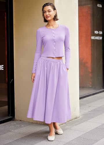 Image of Panadila Womens 2 Piece Lounge Sets Matching Vacation Outfits Ribbed Button Down Cardigan and Elastic Waist Skirt Sets (Lavender Purple,M)
