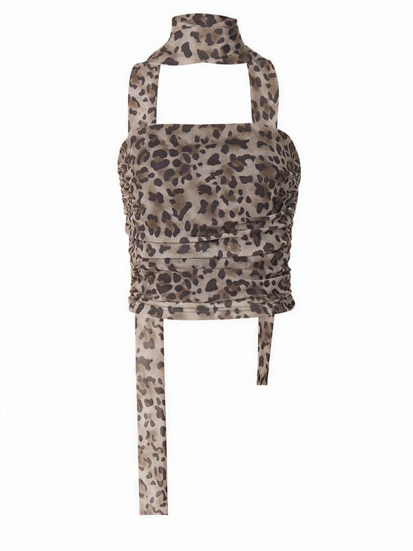 Sukiglam Top sin Tirantes Mujer Sexy Leopardo Malla Y2K Top de Tubo con Ligereza Bufanda Verano Ajustado Camiseta sin Mangas Fruncido Bandeau Tops de Fiesta Club Casual Streetwear