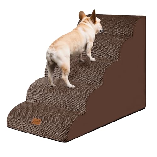 GoGoBunny Ramp Dog Stairs for High Beds 24.4" H, 5-Step Extra Wide Dog Slope Stairs with Durable Waterproof Fabric Cover, Pet Steps for Old Large Dogs Climbing, Non-Slip Sturdy Indoor Step, Brown