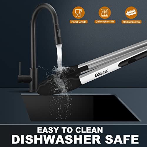 Eddeas Kitchen Tongs with Silicone Tips, Tongs for Cooking Heat Resistant 600 Degrees Stainless Steel Locking Tong - 7" 9" & 12 inch Silicone Tong Non-Stick, Black Set of 3