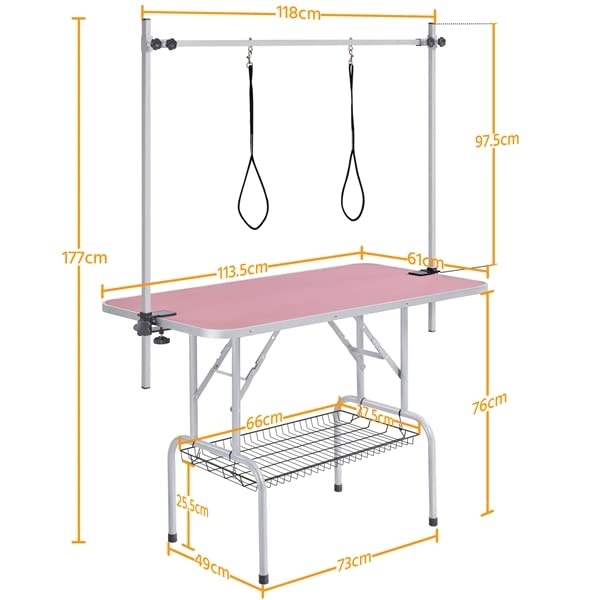 Tavolo da Toelettatura per Cani Tosatura Piano Antiscivolo Pieghevole Rosa 177 cm
