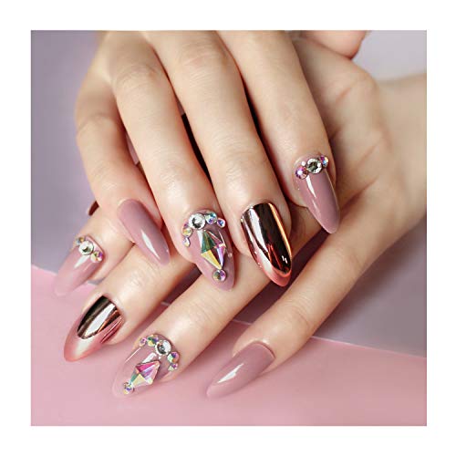 Press On Nails For Women 24 Pcs Stiletto False Nails 3D Diamond Fake Nail Tip with Metal False Nails