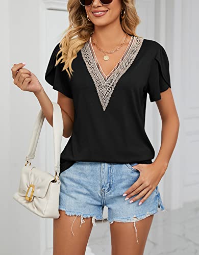 Womens Tops V-Neck T-Shirt Summer Shirts Short Sleeve Black Blouses L #TOP1