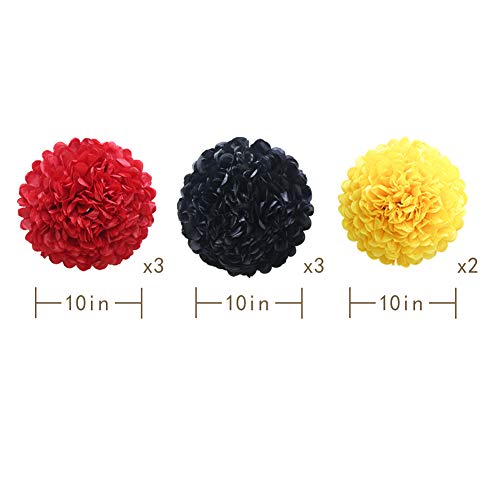 Image of Red Yellow Black Hanging Paper Party Decorations, Round Paper Fans Pom Poms Flowers Set for Mickey Mouse Theme Firetruck Birthday Wedding Graduation Baby Shower