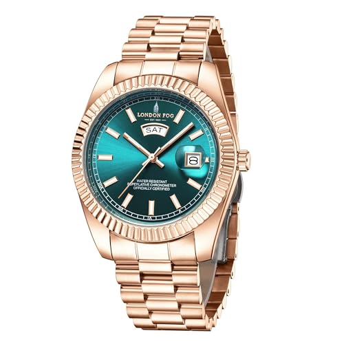 Image of London Fog Oxford Collection Analog Quartz Watch for Men with Round Dial and Stainless Steel Strap, Fluted Metal Case, Day & Date Display, Luminous Hands & Hour Markers & Water Resistant