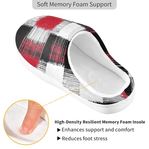 JUNZAN Buffalo Plaid Check White Red Womens Cotton House Slippers Non Slip Memory Foam Foam Slippers for Spa Christmas Presents 6-72