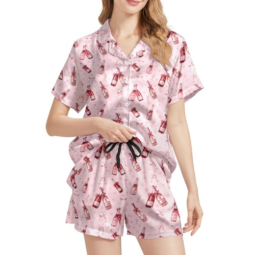 Image of Silk Satin Pajama Set for Women Summer Lounge Pjs Sets 2 Piece Suit Ladies Button Down Tops And Shorts Sleepwear