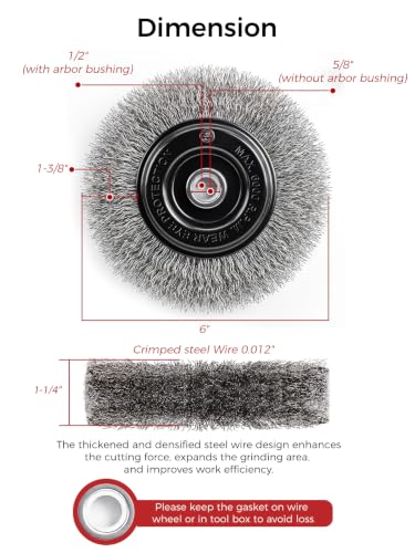 Image of Wire Brush 6in,Wire Wheel for Bench Grinder,Crimped Steel-1pcs | Coarse Crimped Steel Wire 0.012 inch,1 /2 inch & 5 /8 inch Arbor, for Rust Paint Stain Removal,Extra Thick with an additional 100% density