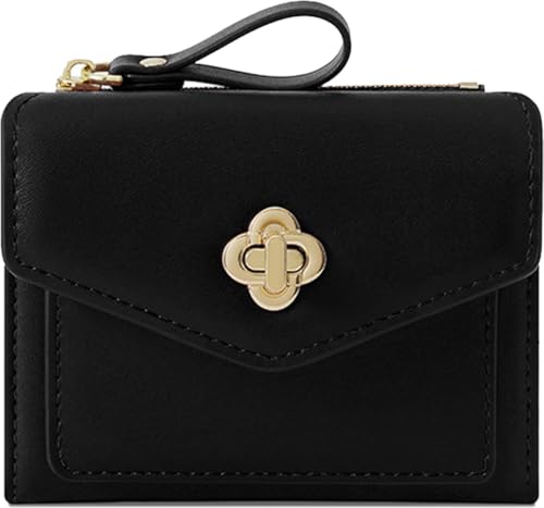 Farcauo Geldbörsen Frauen Portemonnaie Damen Schwarzes Minimalistisches Blumen Design Portemonnaie für Frauen Klein Portmonee mit Ausweisfach und Kartenhüllen