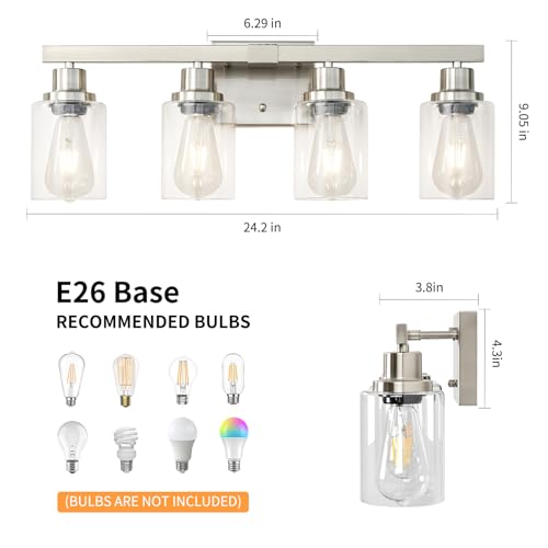 Image of Bathroom Vanity Light, 4-Light Nickel Modern Matte Wall Sconce Lighting with Clear Glass Shade, Wall Lights,Bath Vintage Wall Mounted Lamps for Mirror Bedroom Living Room
