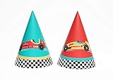 Vintage Race Car Party Hats | 12 Pack | Boys Party Hats | Children Car Birthday Party | Red and Teal | Transportation Party Supply