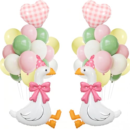 JarThenaAMCS One Silly Goose Birthday Decorations Pink Bow & Hats Goose Balloons with 18 Inch Heart Balloons and 12 Inch Latex Balloon Set for Baby Shower Gender Reveal 1st Birthday Party Supplies