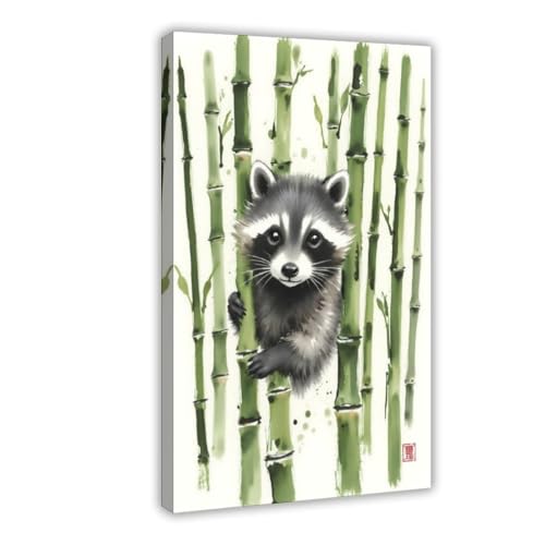 Toile de raton laveur et bambou pour déco murale de chambre à coucher