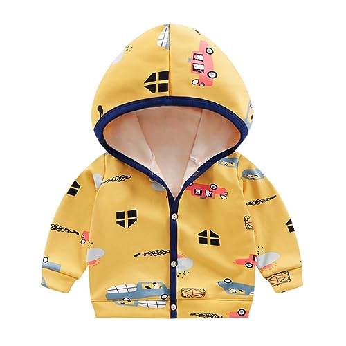 Fleece Hooded Jacket Kids Windproof Button Print Full-Zip Long Sleeve Coat Loose Lightweight Coats with Pocket