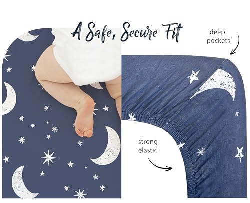 Image of 100% Organic Cotton Fitted Sheets Perfectly Compatible with Graco Pack n Play, Babyletto, Pamo Babe, Hiccapop, Dream on Me, Evenflo, Baby Trend Portable /Mini Crib /Playards. 2 Pk, Blue /Boy.