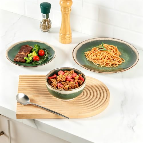 Image of Sweejar 12 Pieces Ceramic Dinnerware Sets for 4, Moss Green | Gradient Glaze Plates and Bowls Set, Microwave & Dishwasher Safe, Stackable Dish Set, Scratch Resistant Dishware Sets