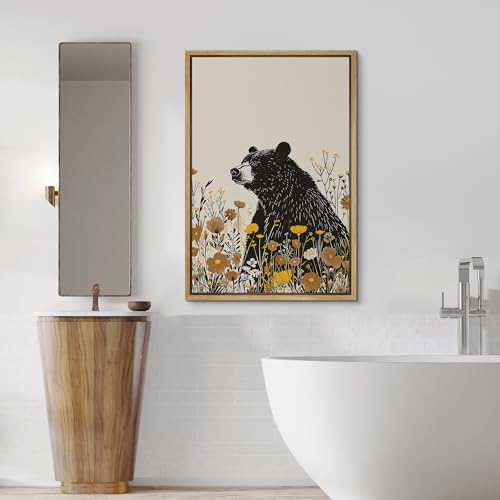 Framed Canvas Wall Art - Bear in Flower Field, Rustic Nature Animal Illustrations, Decorative for Living Room, Bedroom, Office - 16x24 NATURAL