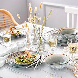 SÄNGER | Salatschale Capri Grau 4 tlg, Salatteller 4 Personen, Steingut Geschirr Set für Salat, Tiefe Teller Spülmaschinenfest Handmade Salatschälchen Grau mit Braunem Rand 760 ml | PREMIUM COLLECTION