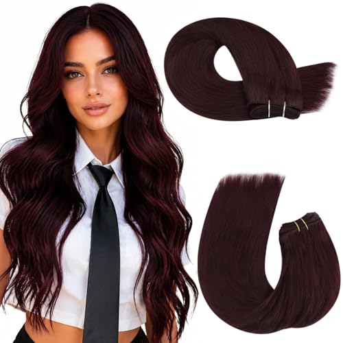Image of Moresoo Sew in Hair Extensions Human Hair, Burgundy Red, 18 Inch 100g | Crafted from Remy human hair for flexible blending, ideal for parties, date nights and soft defined curl styling