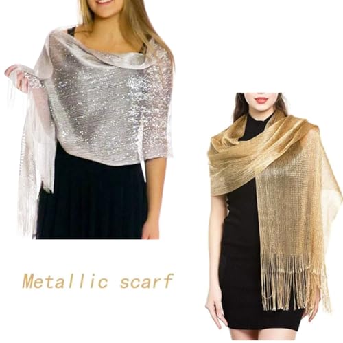 Womens Sparkling Shawls and Wraps for Evening Dresses, 2 pack Metallic Shawl, Glitter Wedding Party Scarf with Long Tassels2