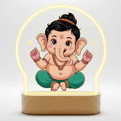 Image of Giftplease Cute Baby Ganesha Printed LED Night Light - Bal Ganpati Lamp with Warm Glow - Divine Kids Room Decor, Birthday Gift, & Office Good Luck Charm GL 05