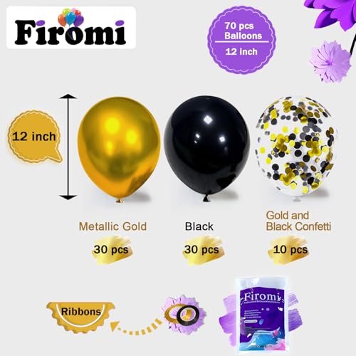 Image of Firomi Metallic Chrome Gold Black Balloons 12 Inch 70 pack (with 2 Ribbons)