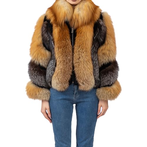LVCOMEFF Women Natural Red Fox Silver Fox Fur Coat Furry Luxurious