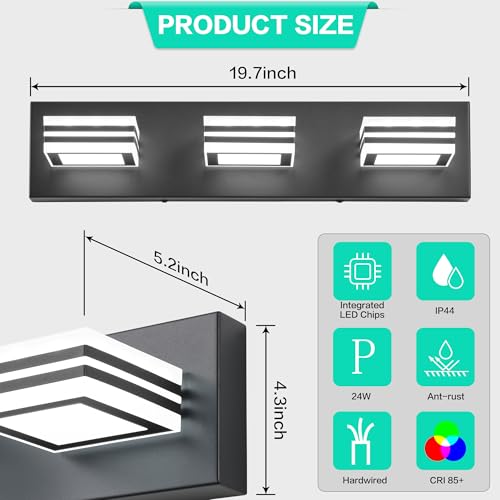 Image of SOLFART LED Bathroom Vanity Light Fixtures: 3 Light Matte Black Modern Acrylic Bathroom Wall Lighting Fixtures Over Mirror Cool White 6000K
