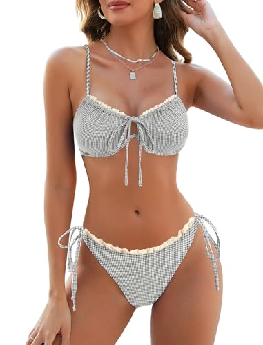ZAFUL Women High Cut Bikini Sets String Sexy Swimsuit Two Piece Underwire Bathing Suit Brazilian Cheeky Cut Out Cute Swimwear Gingham Black S