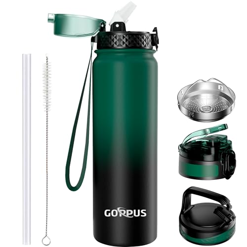 GOPPUS 1L/32oz Stainless Water Bottle with Straw Double Wall Insulated Bottles with Strap Reusable Vacuum Thermal Flask Leakproof Keep Cold Drinks Bottles with Flip Top Lid for Gym Men Women BPA Free